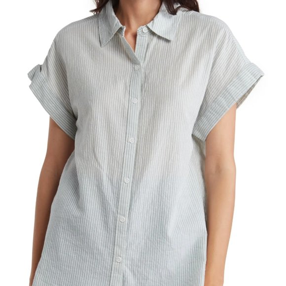 NWT! Casa Cabana Sammie Dobby Stripe Short Sleeve Button-Up Tunic Shirt - Picture 1 of 8